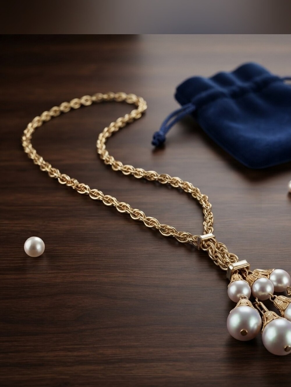 Gold-Tone Adjustable Rope Chain Lariat Necklace with Pearl Drop Accents